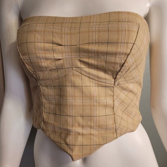 Free People Tops - Free people plaid corset top strapless out west western crop tan tube top sz 4